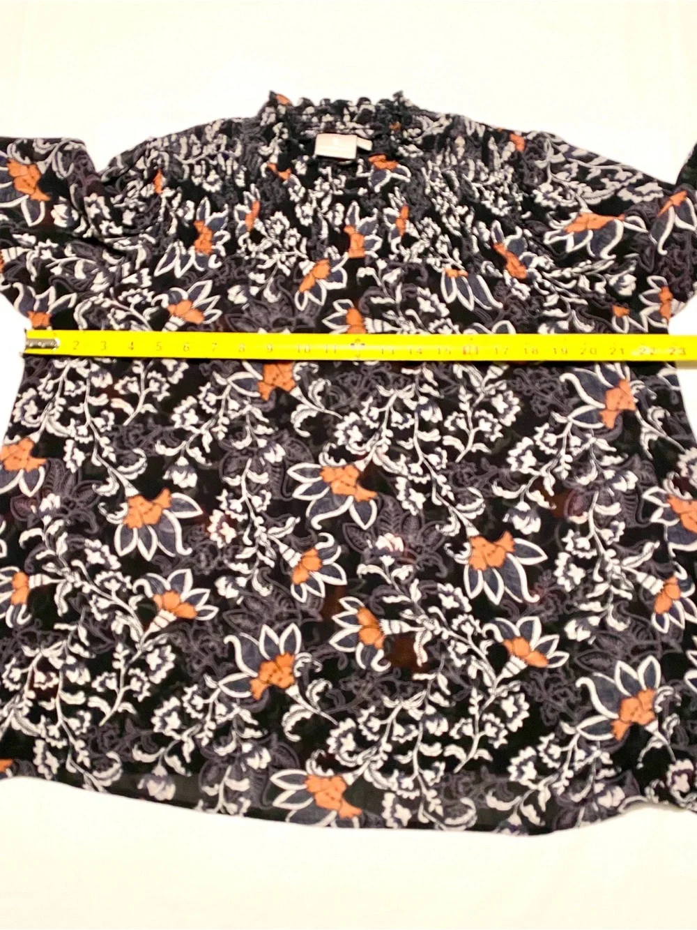 B. Copenhagen Floral Smocked Neck Sheer Blouse Black Burnt Apricot Paisley US M - Picture 11 of 14